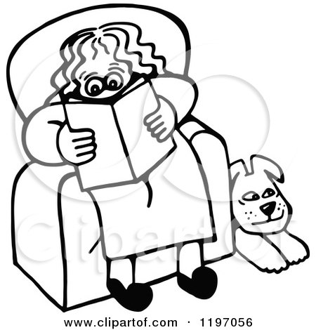 Clipart of a Black and White Dog Resting by a Woman Reading in a Chair - Royalty Free Vector Illustration by Prawny