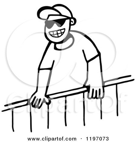 Clipart of a Black and White Boy Grinning over a Fence - Royalty Free Vector Illustration by Prawny
