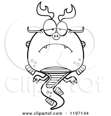 Cartoon of a Black And White Depressed Chinese Dragon - Royalty Free Vector Clipart by Cory Thoman