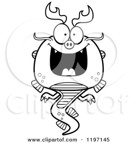 Cartoon of a Black And White Grinning Chinese Dragon - Royalty Free Vector Clipart by Cory Thoman
