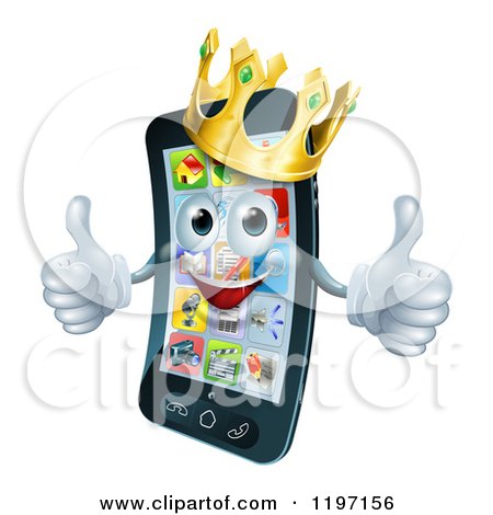 Cartoon of a Pleased Smart Phone Mascot Wearing a Crown and Holding Two Thumbs up - Royalty Free Vector Clipart by AtStockIllustration