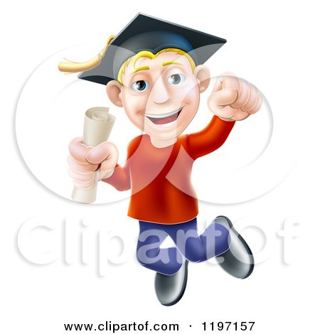 Cartoon of a Happy Young Blond Graduate Man Jumping with a Scroll in Hand - Royalty Free Vector Clipart by AtStockIllustration