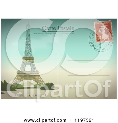 Clipart Of A Paris Post Card With The Eiffel Tower and Postmark  - Royalty Free Vector Illustration by Eugene