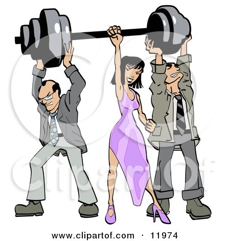 Two Struggling Businessmen Holding up Weights on a Barbell While a Woman Grasps the Bar Clipart Illustration by Leo Blanchette