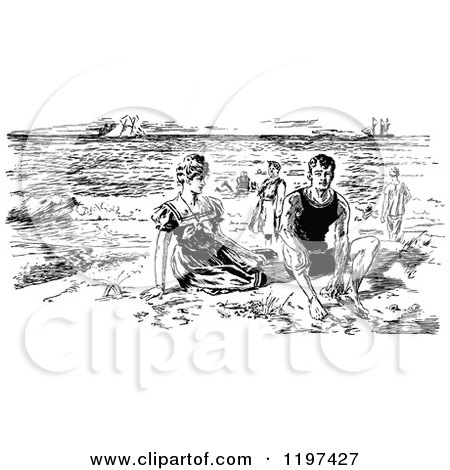 Clipart of a Vintage Black and White Couple on a Beach - Royalty Free Vector Illustration by Prawny Vintage