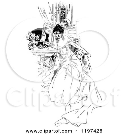 Clipart of a Vintage Black and White Flirting Couple - Royalty Free Vector Illustration by Prawny Vintage