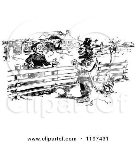 Clipart of a Vintage Black and White Couple Talking on a Farm - Royalty Free Vector Illustration by Prawny Vintage