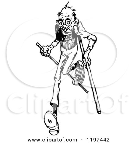 Clipart of a Vintage Black and White Old Man Running with Canes - Royalty Free Vector Illustration by Prawny Vintage