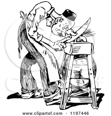 Clipart of a Vintage Black and White Man Sharpening a Knife - Royalty Free Vector Illustration by Prawny Vintage