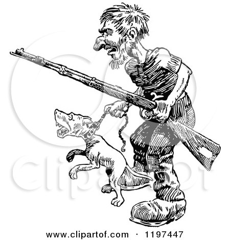 Clipart of a Vintage Black and White Man with a Rifle and Angry Dog - Royalty Free Vector Illustration by Prawny Vintage