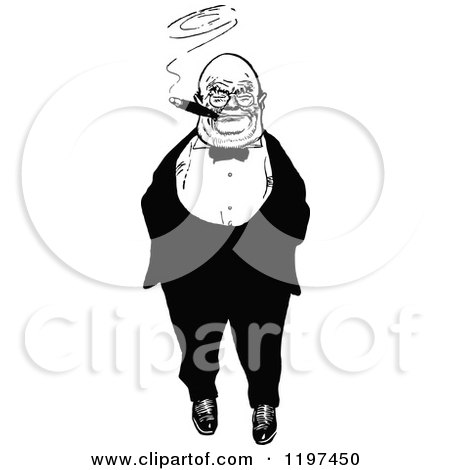 Clipart of a Vintage Black and White Bald Man Smoking a Cigar - Royalty Free Vector Illustration by Prawny Vintage