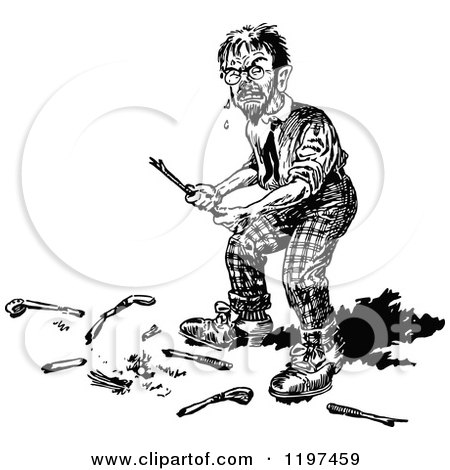 Clipart of a Vintage Black and White Angry Golfer with a Broken Club - Royalty Free Vector Illustration by Prawny Vintage