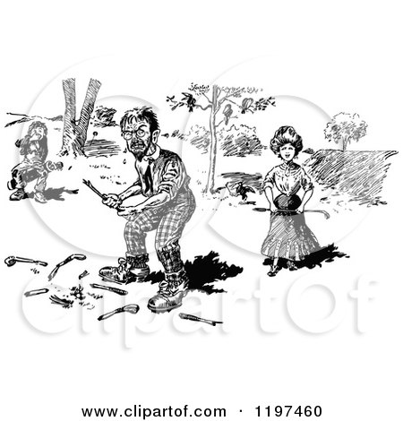 Clipart of a Vintage Black and White Angry Golfer and People with a Broken Club - Royalty Free Vector Illustration by Prawny Vintage