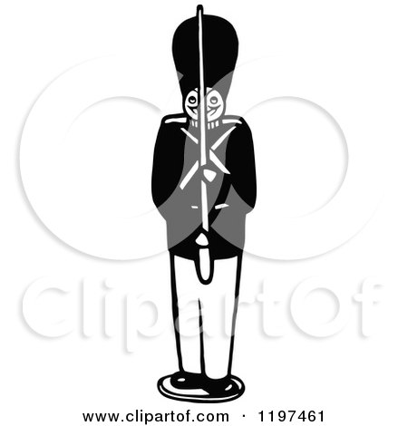 Clipart of a Vintage Black and White Toy Soldier - Royalty Free Vector Illustration by Prawny Vintage