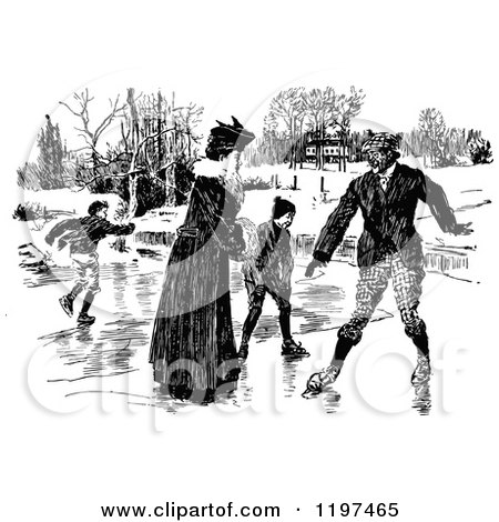 Clipart of a Vintage Black and White Family Ice Skating - Royalty Free Vector Illustration by Prawny Vintage