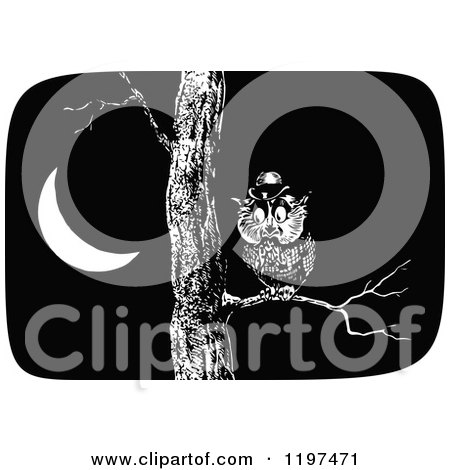 Clipart of a Vintage Black and White Owl in a Tree at Night - Royalty Free Vector Illustration by Prawny Vintage