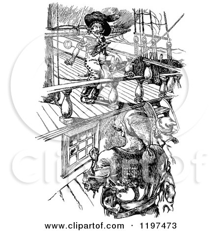 Clipart of Vintage Black and White Pirates on a Ship - Royalty Free Vector Illustration by Prawny Vintage