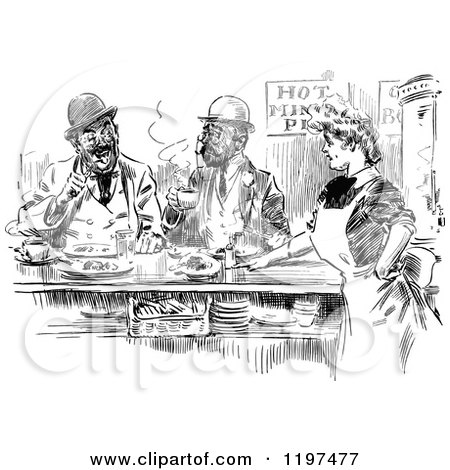 Clipart of a Vintage Black and White Waitress and Men in a Restaurant - Royalty Free Vector Illustration by Prawny Vintage