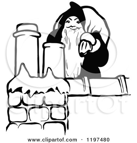 Clipart of a Vintage Black and White Santa on a Roof Top - Royalty Free Vector Illustration by Prawny Vintage