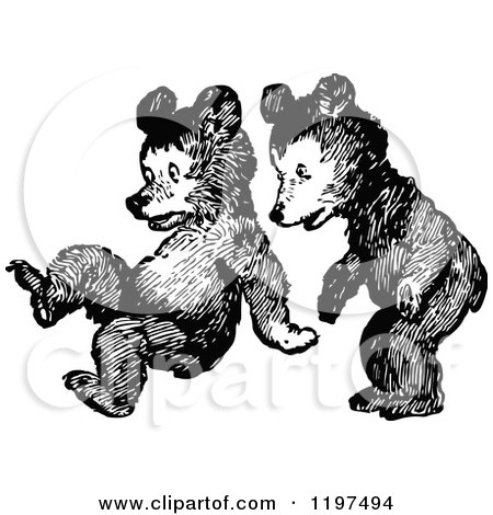 Clipart of Vintage Black and White Bear Cubs Playing - Royalty Free Vector Illustration by Prawny Vintage