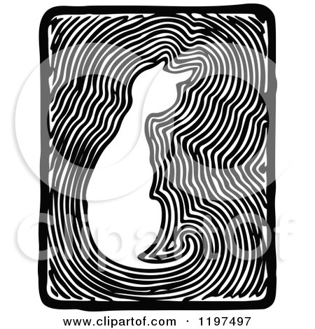 Clipart of a Vintage Black and White Cat and Lines Around It - Royalty Free Vector Illustration by Prawny Vintage