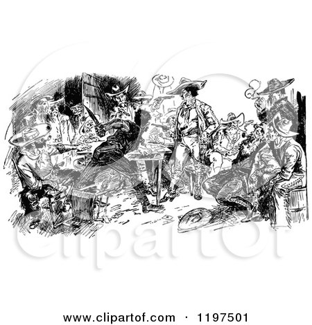 Clipart of Vintage Black and White Bandits Brawling - Royalty Free Vector Illustration by Prawny Vintage