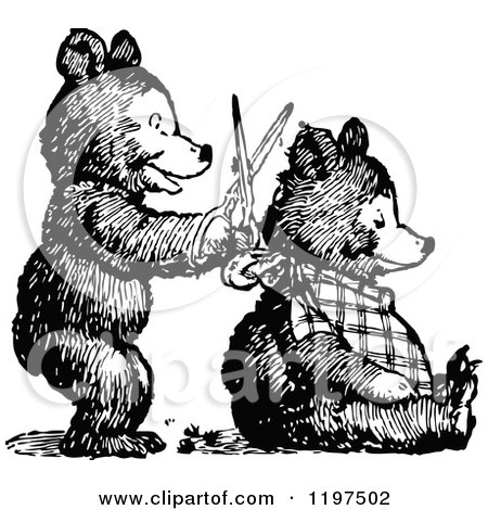 Clipart of Vintage Black and White Bears Doing a Hair Cut - Royalty Free Vector Illustration by Prawny Vintage