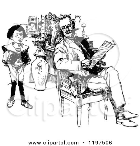 Clipart of a Vintage Black and White Son Watching His Father Read - Royalty Free Vector Illustration by Prawny Vintage