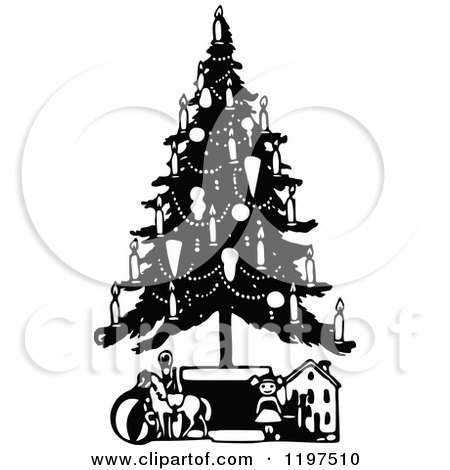 Clipart of a Vintage Black and White Christmas Tree with Candles and Toys - Royalty Free Vector Illustration by Prawny Vintage