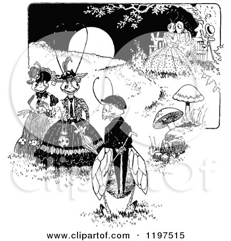 Clipart of Vintage Black and White Formal Bugs at Night - Royalty Free Vector Illustration by Prawny Vintage