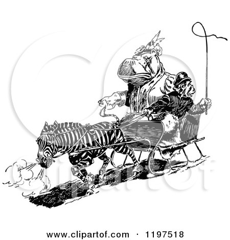 Clipart of a Vintage Black and White Zebra Pulling a Hippo and Monkey in a Carriage - Royalty Free Vector Illustration by Prawny Vintage
