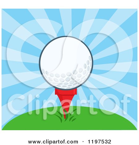 Cartoon of a Golf Ball on a Tee over Blue Rays - Royalty Free Vector Clipart by Hit Toon