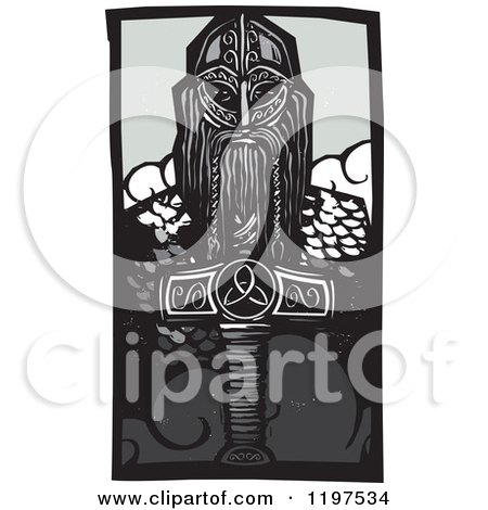 Clipart of a Viking Thor and Mjolnir Weapon Woodcut - Royalty Free Vector Illustration by xunantunich