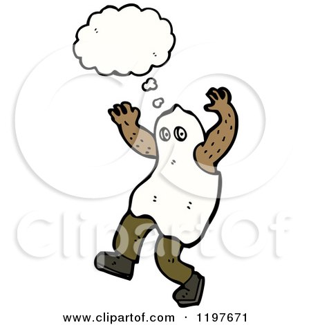 Cartoon of an African American Boy in a Ghost Costume Thinking - Royalty Free Vector Illustration by lineartestpilot