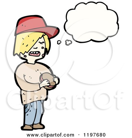 Cartoon of a Boy in a Baseball Cap Thinking and Eating - Royalty Free Vector Illustration by lineartestpilot