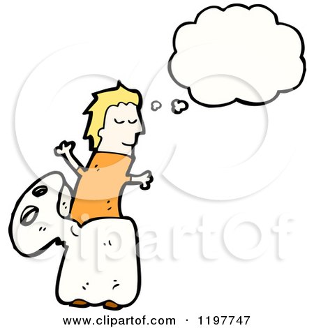 Cartoon of a Boy in a Ghost Coatume Thinking - Royalty Free Vector Illustration by lineartestpilot