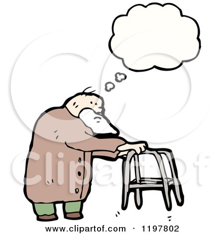 Cartoon of an Old Man with a Walker Thinking - Royalty Free Vector Illustration by lineartestpilot