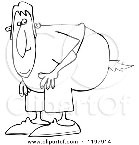 Cartoon of an Outlined Man Bending over with a Fart Flame - Royalty Free Vector Clipart by djart