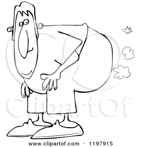 Cartoon of an Outlined Man Bending over with Fart Clouds - Royalty Free Vector Clipart by djart