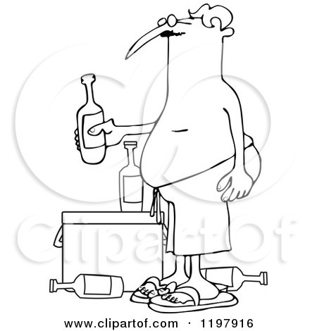 Cartoon of an Outlined Man in Swim Trunks, Holding a Beer over a Cooler - Royalty Free Vector Clipart by djart