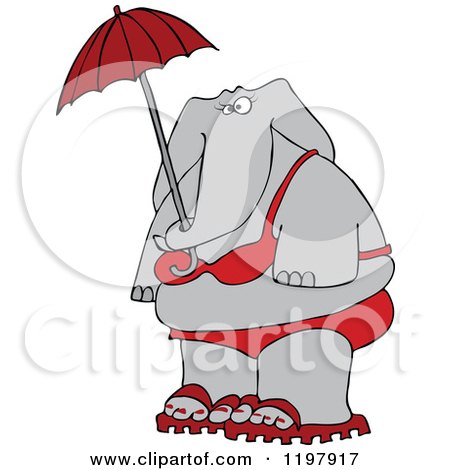 Cartoon of an Elephant in a Red Bikini, Holding an Umbrella - Royalty Free Vector Clipart by djart