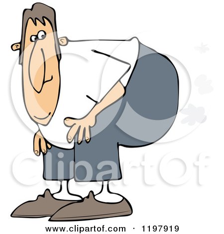 Cartoon of a Man Bending over with Fart Clouds - Royalty Free Vector Clipart by djart