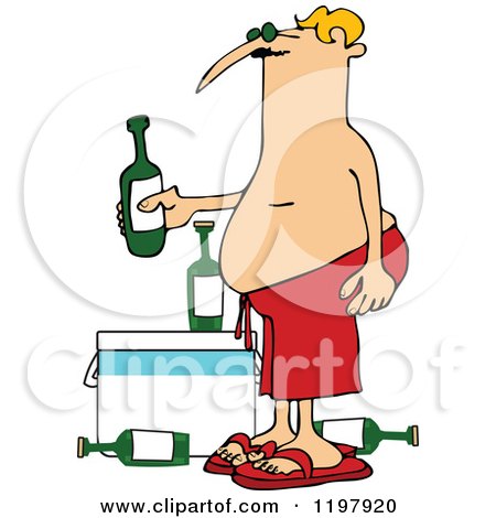 Cartoon of a Man in Red Swim Trunks, Holding a Beer over a Cooler - Royalty Free Vector Clipart by djart