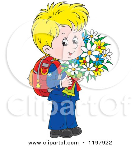 Cartoon of a Sweet Blond Private School Boy Carrying Flowers - Royalty Free Vector Clipart by Alex Bannykh