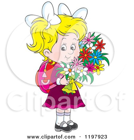 Cartoon of a Sweet Blond School Girl Carrying Flowers - Royalty Free Vector Clipart by Alex Bannykh