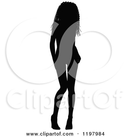 Clipart Of A Sexy Black Silhouetted Woman With Curly Hair, Wearing Heels And Tilting Her Knees Inward - Royalty Free Vector Illustration by KJ Pargeter