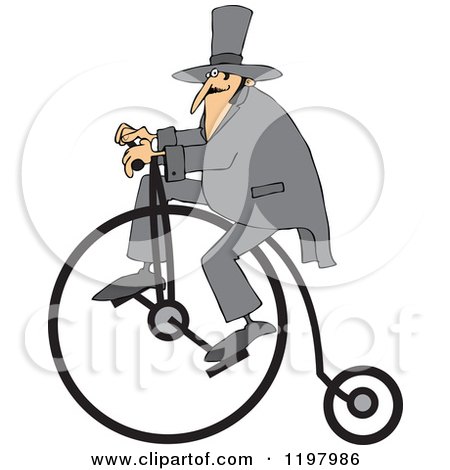 Cartoon of a Man Wearing a Top Hat and Riding a Penny Farthing Bicycle - Royalty Free Vector Clipart by djart