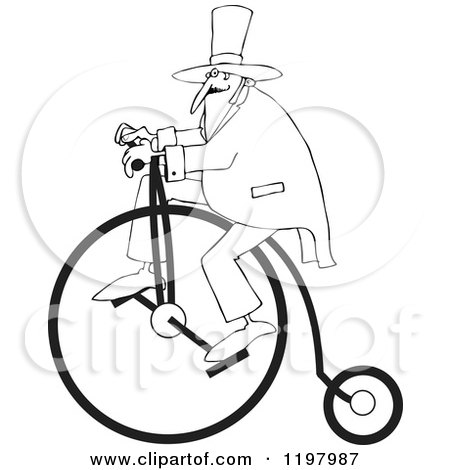 Cartoon of an Outlined Man Wearing a Top Hat and Riding a Penny Farthing Bicycle - Royalty Free Vector Clipart by djart