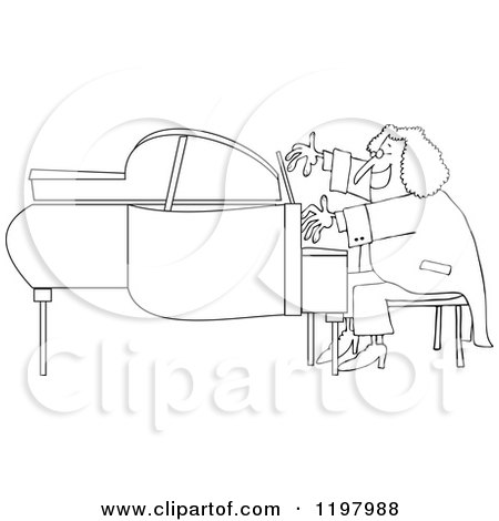 Cartoon of an Outlined Classical Music Composer Playing a Piano - Royalty Free Vector Clipart by djart