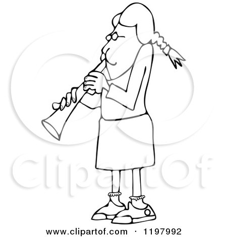 Cartoon of an Outlined Girl Playing a Clarinet - Royalty Free Vector Clipart by djart
